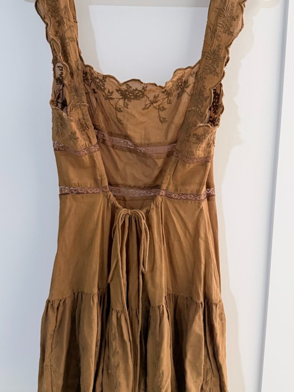 Free People Embroidered Boho Mini Dress Brown Lace Tie Back